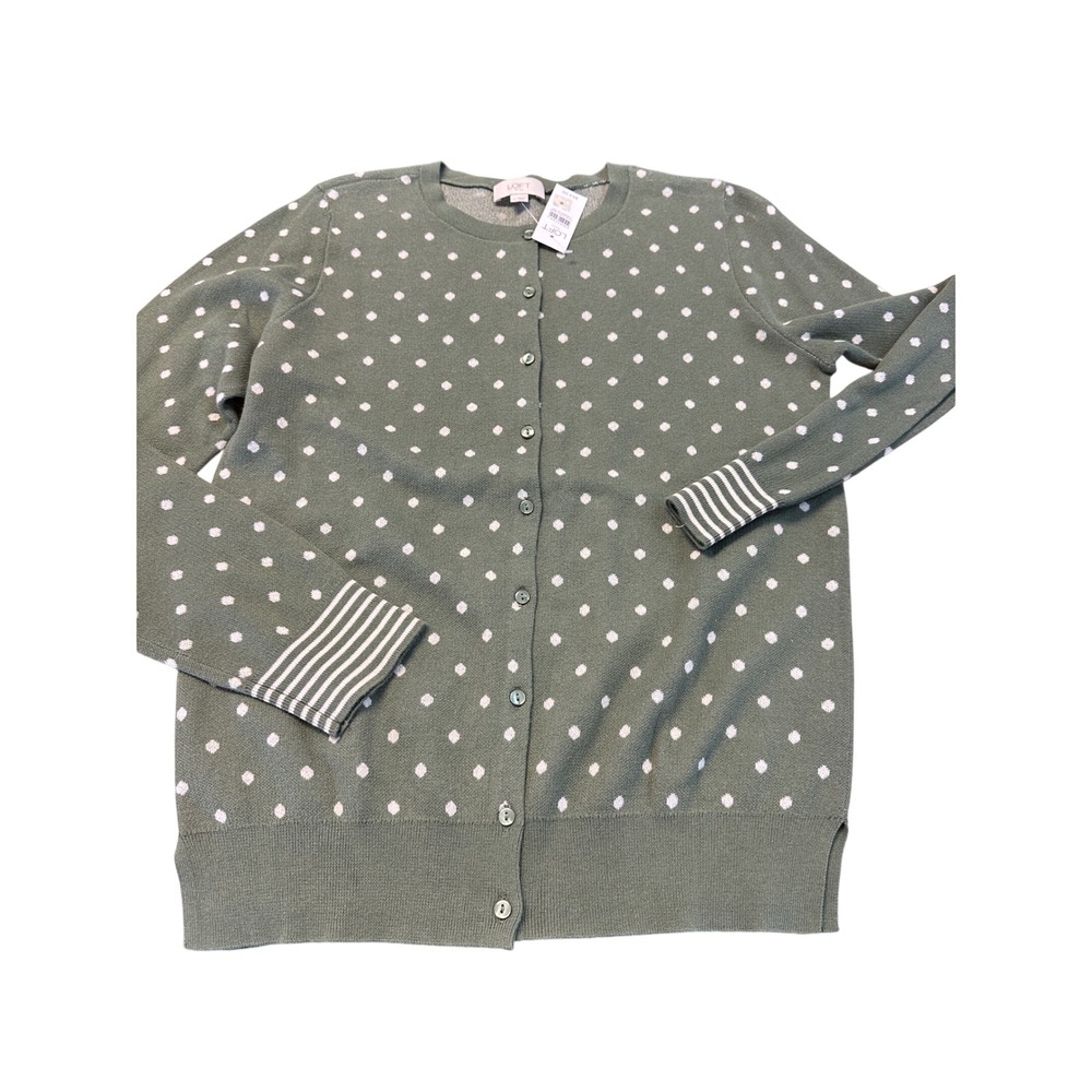 NEW LOFT Green Polka Dot Cardigan with White Accents